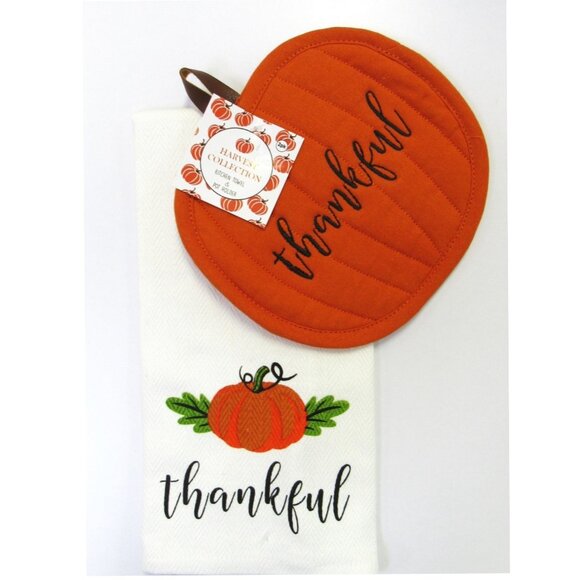 2 PC Set Potholder Oven Mitt & Kitchen Towel Pumpkin Harvest "Thankful" Print - Picture 1 of 4
